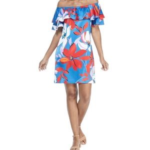 London Times Hibiscus Ruffle Off the Shoulder Dress 12P